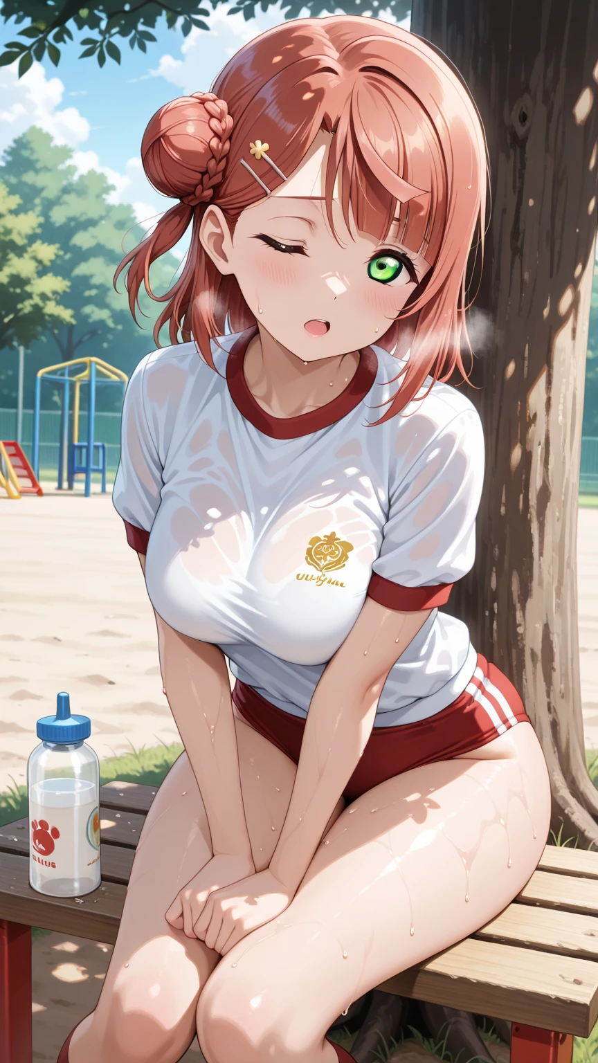 1girl, red thong buruma, white shirt, short sleeves, white thighhighs, crop top, underboob, collarbone, navel, (sweat:1.3), medium breasts,
light brown hair, red eyes, half updo, sitting,
outdoors, green sports park,
<lora:thong_buruma_ver1_fix_lbw:1>