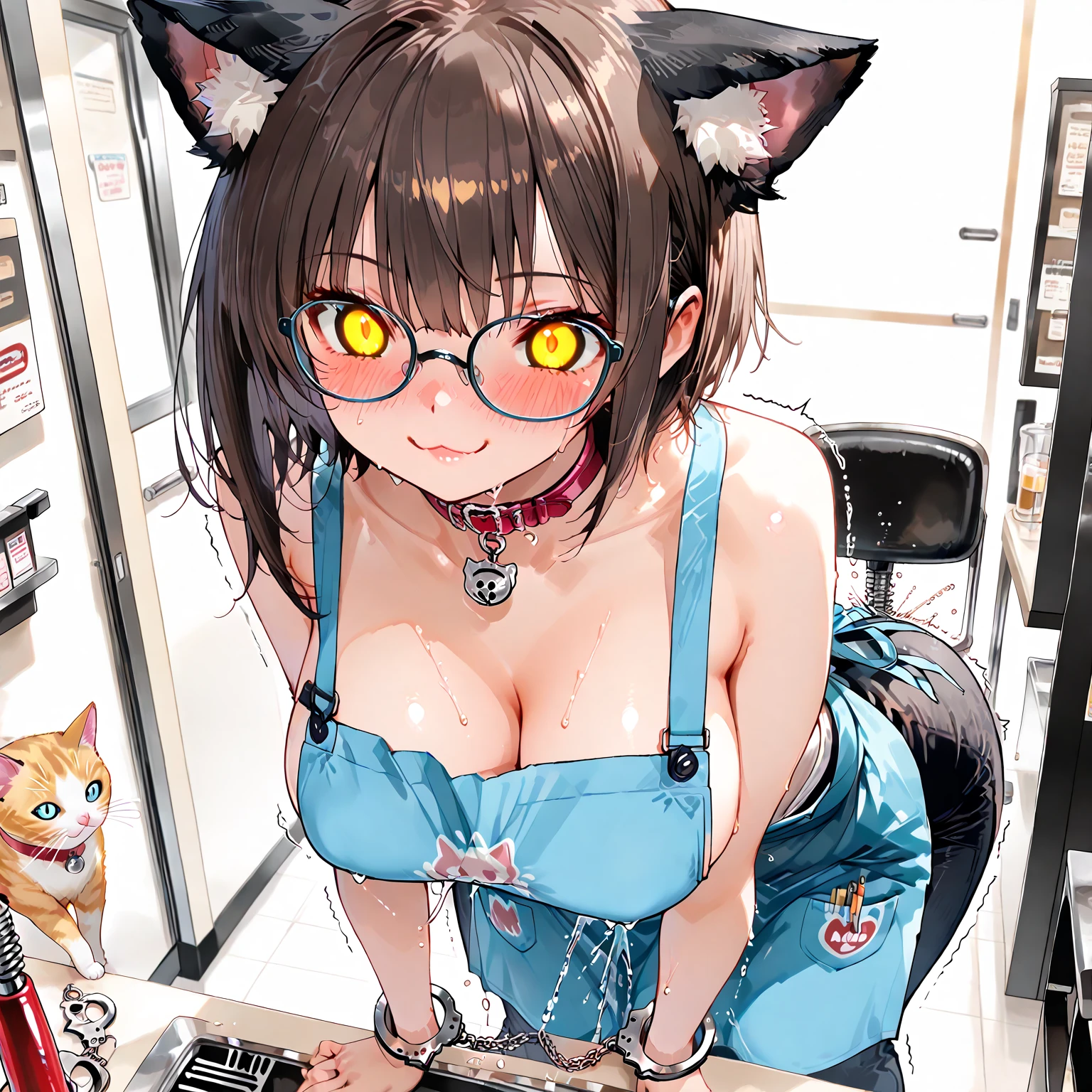 best quality, masterpiece:1.2), 1 girl, mischievous smile, (medium breasts:1.6), (erectile nipple:1.6), dog ears on head, helpless girl, submissive girl, black hair, short hair, beautiful eyes, yellow eyes, glasses, wet skin, nude, spread legs, up skirt, transparent black skirt, mini skirt, camel toe, one hand on pussy, show pussy, masturbating, squirt, background in abandoned building,