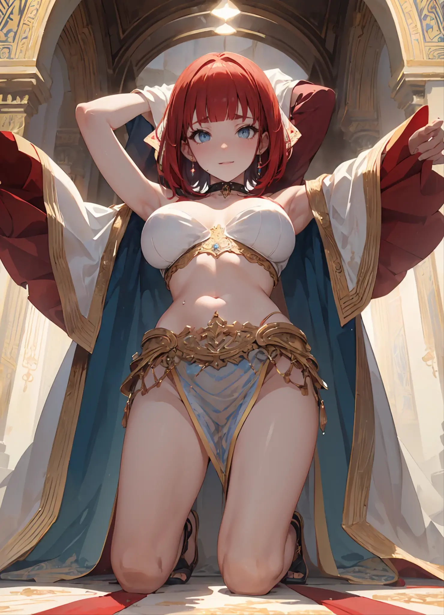 (masterpiece), best quality, expressive eyes, perfect face,Mature female,1 girl (nilou,Genshin impact),(harem outfit,exposed midriff,topless),royal bedroom background,medium breasts,smile,topless,nipple,slim figure,