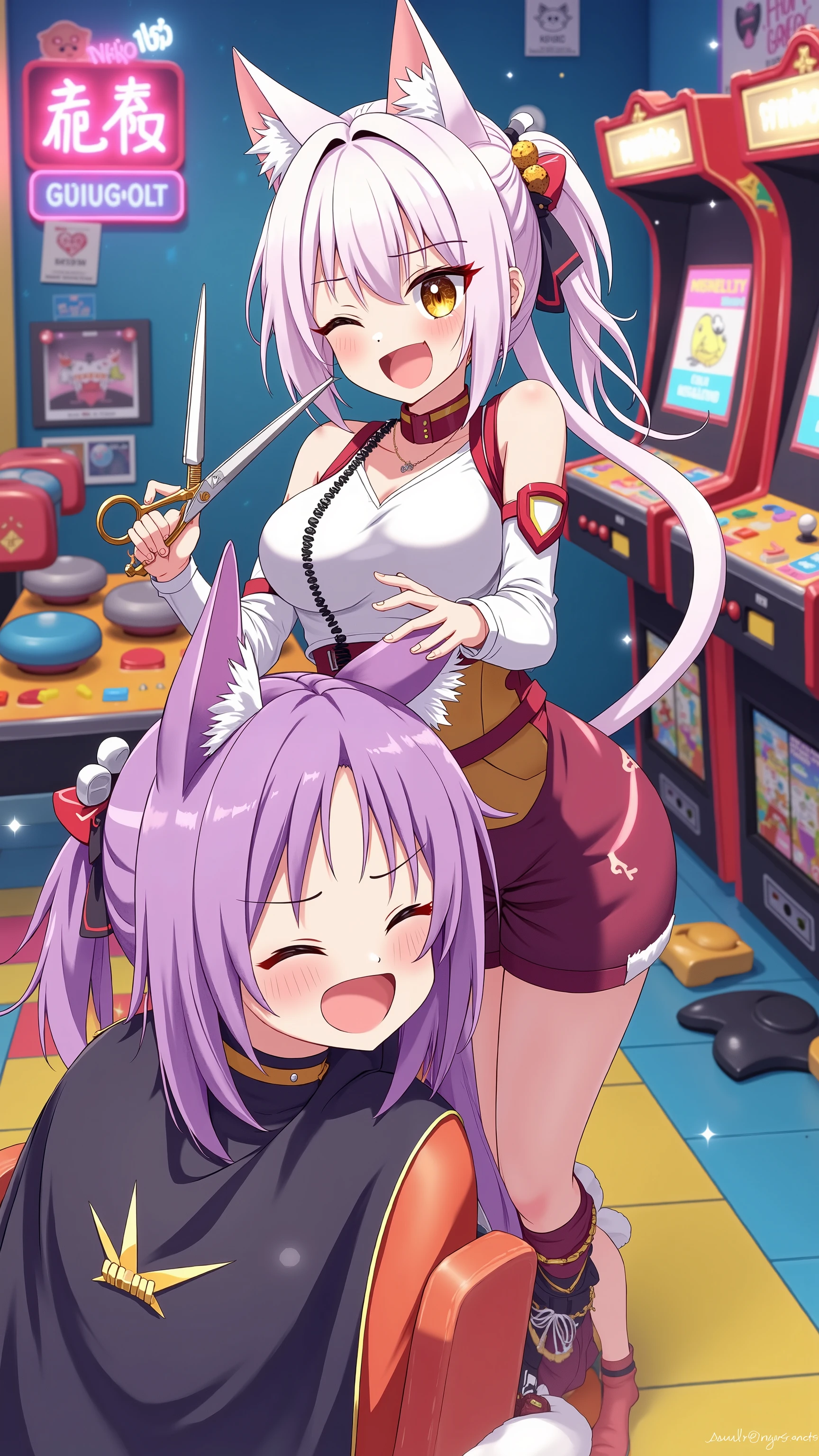 highdefinition image、cat girl、colorful beauty salon with arcade、ハサミを持つcat girl、cuts Niko-chan the Great's head while laughing