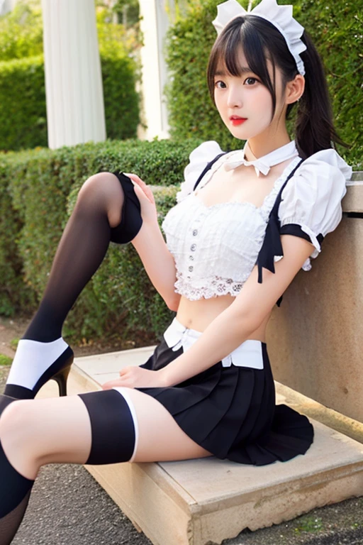 Master work, hyper-detailed, high-quality, a woman sitting on a bench, ultra-detailed face, beautiful face, design sense top, white hip wrapped skirt, flesh-colored stockings, legs crossed, cute and elegant pose, quarter-point shot, popular in CGSTATION, Korean female fashion model, blurred background, symmetrical center