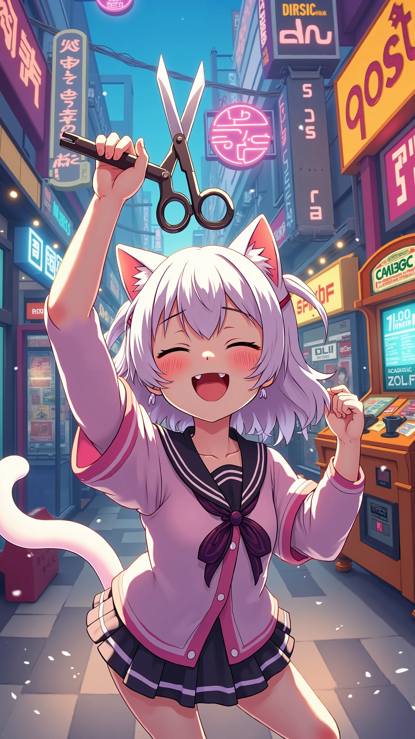 highdefinition image、Cat girl、A Colourful Shopping Mall with an Arcade、ハサミを持つCat girl、while laughing Cut Niko-chan the Great's Head