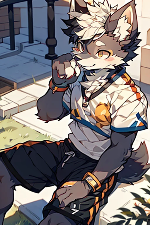 , White and blue fur, Shota, blue eyes, Messy hair, White hair, short hair, masterpiece, Very detailed, Sportswear solo,Sitting,Looking at the camera,On the grass,Wolf's facial features,Blue hair,Wolf paw,Wolf Tail