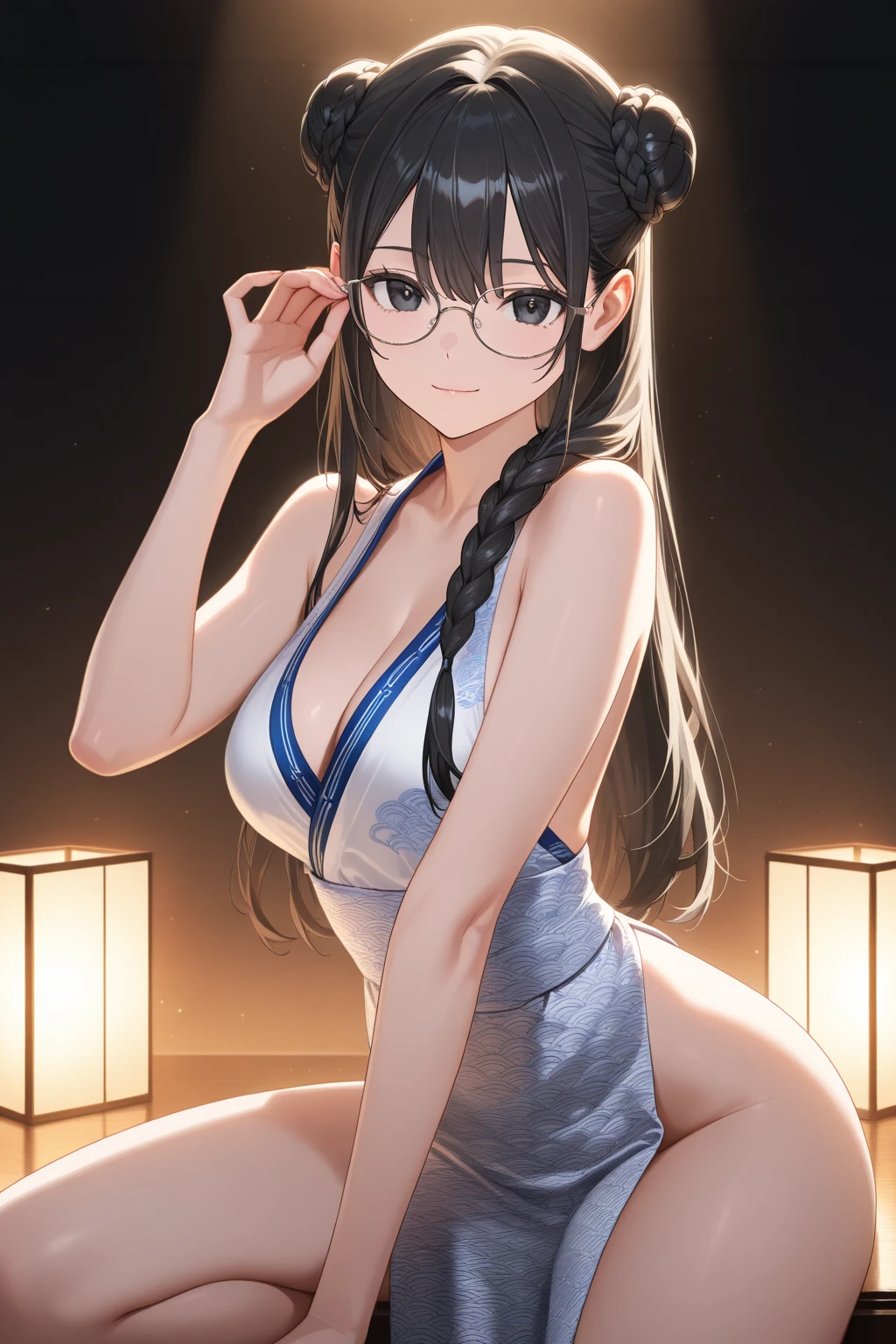 Masterpiece, best quality,NSFW,Solo, cowboy shot,Sonoda umi,(white and blue leotard), magical girl glasses, earrings, thighhighs breasts,outdoors,day, crossed arms,golden eyes, embarrassed,(blushing:1.2)