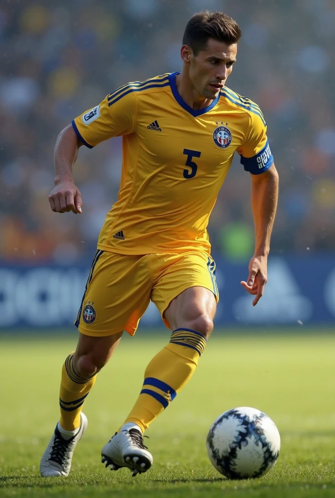 an 1 man, no beard, soccer player, number 8 shirt with a blue and yellow team uniform, and brown eyes