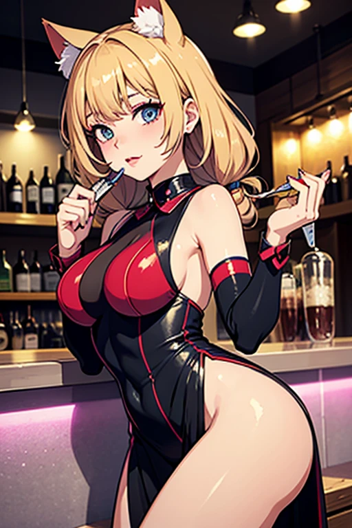 beautiful mechanical woman, solo, (half closed eyes, green eyes), (masterpiece eyes:1.3), BREAK, seductive smile, (mechanical skin:1.1), (exoskeleton leotard:1.3), (bare arms and shoulders:1.3), (cleavage, exposed groin), BREAK, (long eyelashes, red lips), bowtie, rabbit ear headphones, rabbit tail, wrist_cuffs, (blonde hair, bob cut), (forehead:1.3), BREAK, Flat_Chest, Huge_breasts, wide_lower back, (5fingers, 4fingers and 1thumb), BREAK, cyberpunk, (bar), bar counter and round chairs, wine, whiskey, bourbon, neon signboard, professional lighting, best quality, masterpiece, ultra detailed, captures a super cute moment, depth of field, ultra high resolution, fine details, 16k wallpaper,