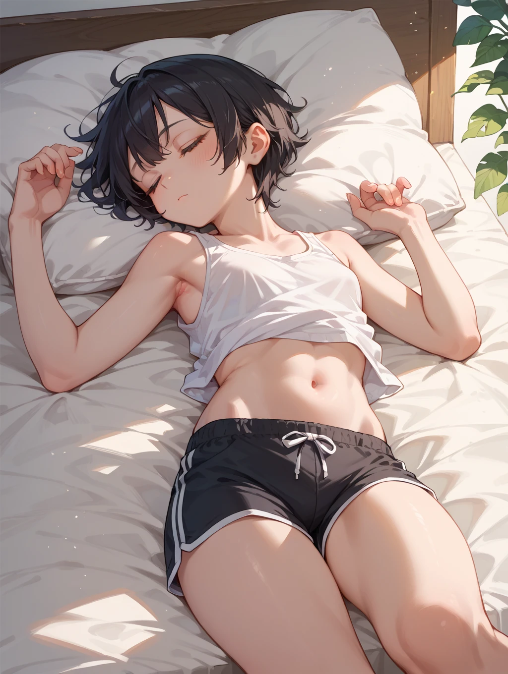 1girl,mature female,solo,happy expression,smol breasts,gray hair,short hair,cat ears, yellow eyes,smile,open mouth,Cat collar, black cropped top, in your room, interesting perspective, golden proportion, aurea proportion, Lying in bed, Blushed, toned abs, sweat, and sweat, pet collar, black shorts, short shorts
