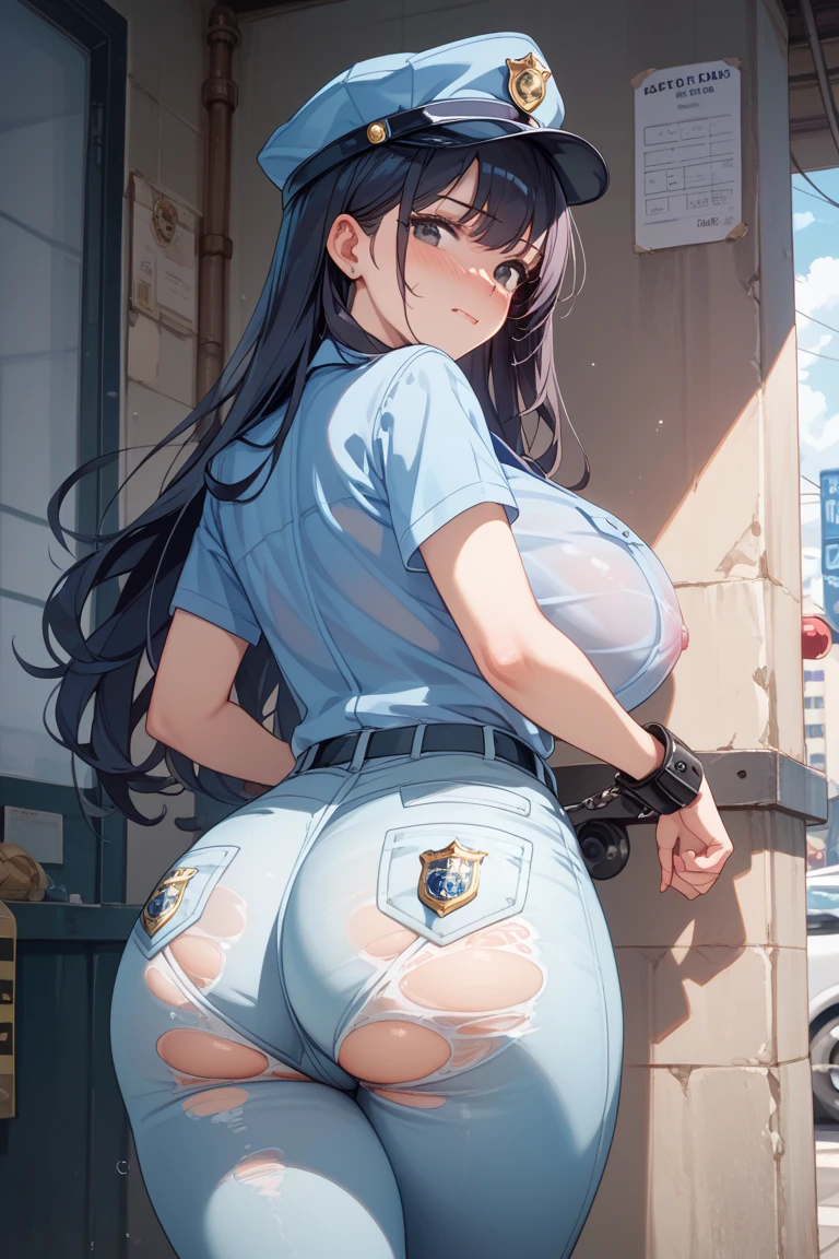 (Perfect body),Best Quality,(8K Portrait),(masuter piece)、(Official art),Police Woman、Police Hat、blush,(Sweat),(((large udder)))、((Big ass))、(Navy blue leotard)、(White knee socks)、(Black hair),((bob cuts))、Yellow eyes,((thick thighs))、Adult Woman、Cowboy Shot、(close legs)、((((:o))))、(In the street)、(is crying)、(Shocked)、((Chibi))、(all-fours)、(from behind)