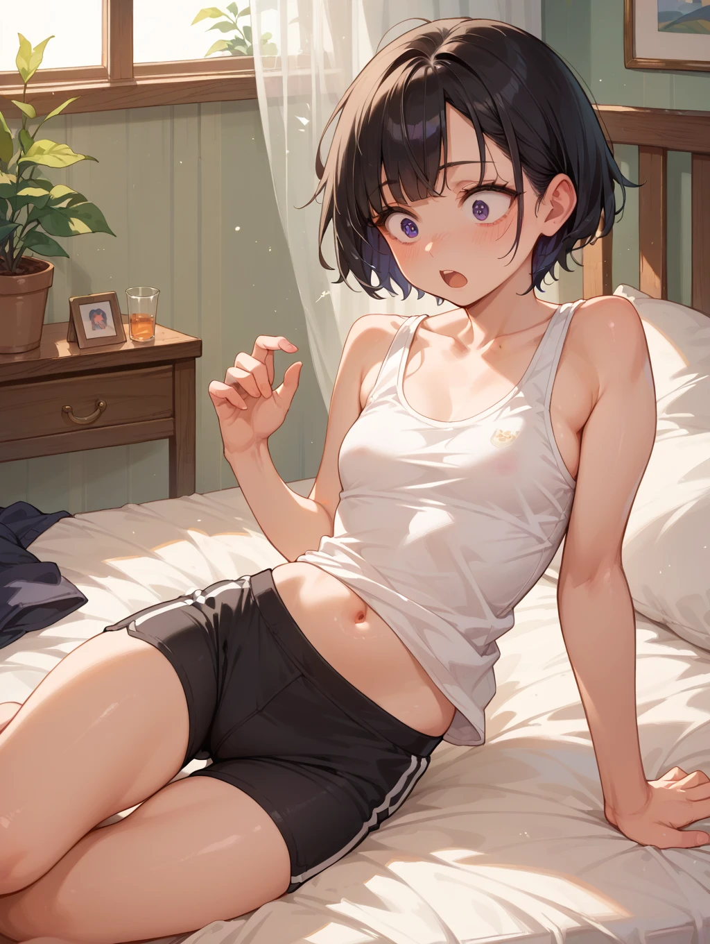 ultra-absurdres-Top quality by artist God, ultra-detailed, high resolution, anime moe artstyle, best anime 8k konachan wallpaper, pixiv contest winner, pool:2810, perfect anatomy,break, 1girl, (Please draw a girl sitting sleepily on bed. )break,(Solo,little female, 13-year-old:1.3),Full limbs, complete fingers,a junior high school student, (very short hair), short cut,  Soft flat chest,groin, small butt, small black eyes, beautiful detailed eyes, well-proportioned iris and pupils, expressive eyes, highres detailed hair, sweat, soft expression, gym uniform, gym shorts, Soft thighs,(Detailed Lighting), (Detailed background), in the bedroom. break,super detailed skin, shiny skin, Best sexuall lighting powered by famous artist, 8k,beauty illustration,photoshop_(medium),very aesthetic,break,((artist:kashikaze )), artist:fujiyama, artist:carnelian, artist:kantoku,
