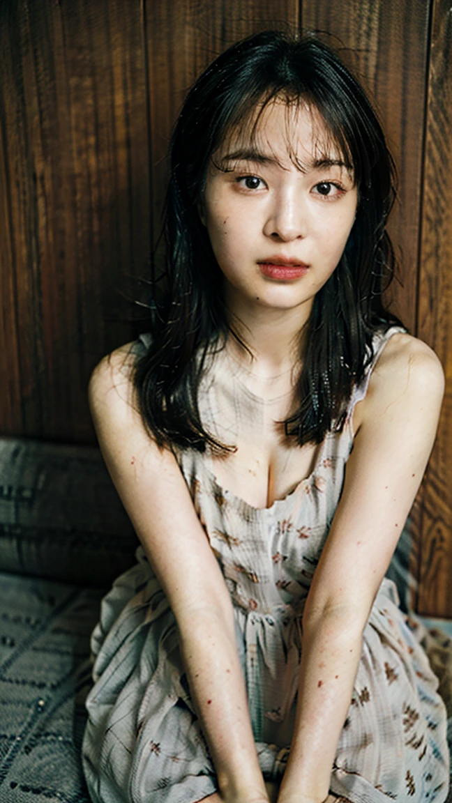 ((Top Quality)),((Masterpiece)),((Very Beautiful)), Distinctive light and shadow, One naked girl, Messy hair, Realistic skin texture, Ancient ruins, Destroyed stairs of a royal palace, Feminine pose, Tropical plants