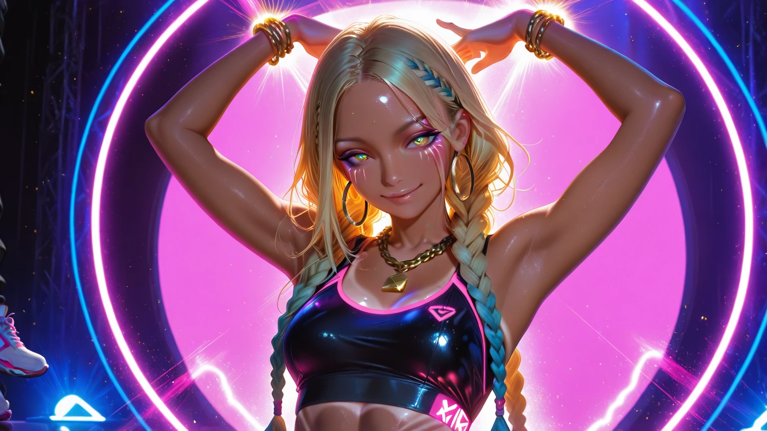 cyberpunk girl, wearing colorful micro bikini, Harajuku style pop outfit, messy hair, bright colors, smiling, ((cinematic lighting)), full body image, white background