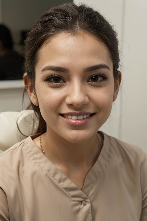 a single beautiful female veterinary technician, 19 years old, smiling with perfect straight white teeth