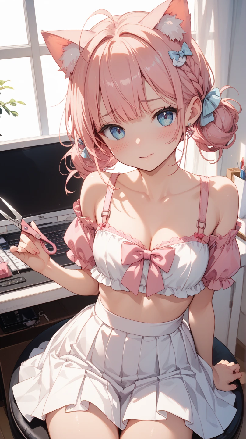 Anime illustrations in the style of "Kyoto Animation", highest quality, (cute: 1.1), (cute), (high resolution: 1.2), incredibly ridiculous: 1.3, incredibly fine illustrations, break 1 beautiful girl, Solo,Small Horns, Short Hair, Big Eyes, Ω, Closed Mouth, Colorful and Bold Corset Mini Dress:1.5,D Couple Cute Bikini, Twine Buns, (Pink Kawaii Room),(Pink Gothic Room),(Messy Room, Marchen,Ribbon,Star Item,Small Window, (heterochromia, light blue eyes and light green eyes),silhouette of star eyes, solo, standing figure, happy, :d, princess eyes, big breasts, break,braid, light pink hair, semi-long hair, red ribbon at the end of braid, sitting at desk, side angle, looking at pc, looking at iphone, office, worried