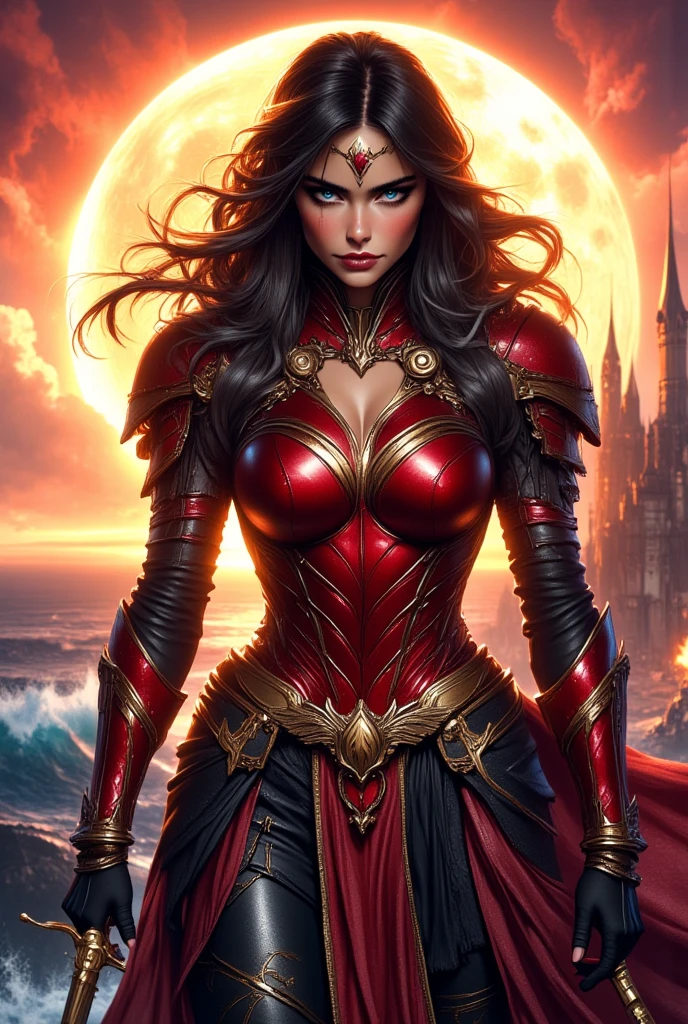 (megan fox:1.25), (muscular:1.5), (full body view:1.25), (red and black colors:1.46), (woman:1.1),(very muscular bodybuilder girl:1.25), (huge upper body:1.25), (narrow hips:1.0), long hair, (gothic intricate ornate vampiric armor:1.25), (gauntlets:1.0), (shoulder armor:1.1), ((tarot style frame:1.25)), (glowing red eyes:1.25), (huge muscular arms:1.5,), (10-pack abs:1.4), (lots of veins:1.25), (horror:1.0), (esoteric:1.1), (solo:1.4), (dynamic angle:1.0), (cowboy shot:1.0), thin legs, Realistic, Very detailed face and eyes, (masterpiece:1.1), (best quality:1.1), (ornate:1.1), (beautiful girl face:1.25)