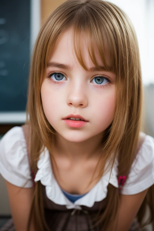 10 years old girl REDHEAD, golden eyes, platinum hair girl, pearl brooch in hair, GREY BACKGROUND.