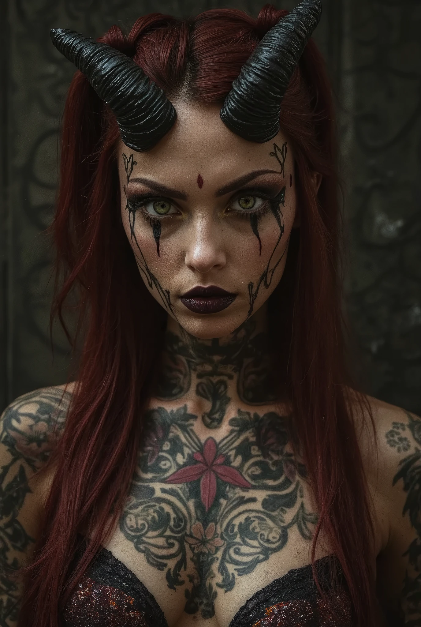 A demonic-looking woman with long dark horns, Dark Red Hair . Her skin is covered with detailed Gothic and tribal tattoos, highlighting a tattoo on the chest. She wears dramatic makeup with dark lines around her eyes and lips in a dark tone, giving it a sinister look.