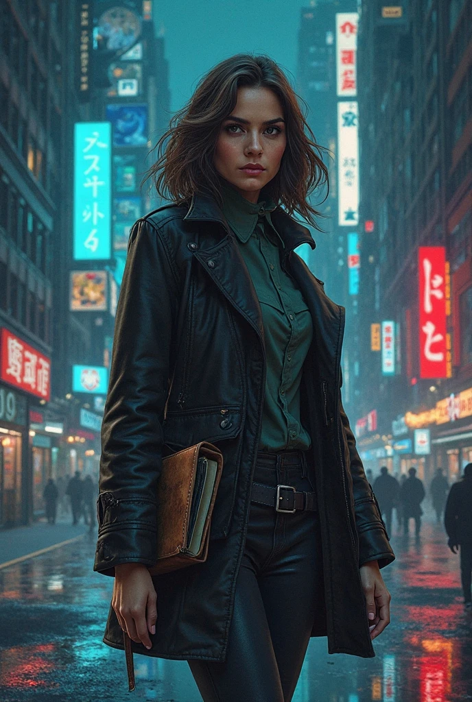 1girl, athletic, city, night, neon, rain, fire escape, volumetric lighting, best quality, masterpiece, intricate details, tonemapping, sharp focus, hyper detailed, trend in Artstation, realistic, a woman in a green cold coat and a plain black pants, slim and high, small breasts, little bust, xx slim breasts, medium curly dark brown bulky, yellow eyes, pore skin, realistic style, wrinkles, realism, 16k, ultra realistic, everyday digital art, everyday life, everyday life, teeth, ultra insane hiring, extreme intricate details, big nose, full nose HDR, natural lighting, volumetric shading, dynamic pose, hyperrealistic, realistic lighting, dramatic shadows, hard focus, high contrast, dramatic perspective dramatic shadows,