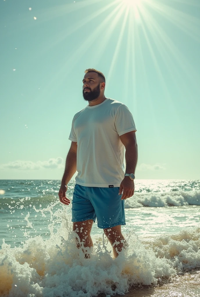 , tall, giant body, handsome, dad bod, beefy, strong arms and legs, wide shoulders, a bit chubby muscle gut, a bit of fat but still very muscular, extremely hair, (a lot of body hair), short beard, barefoot