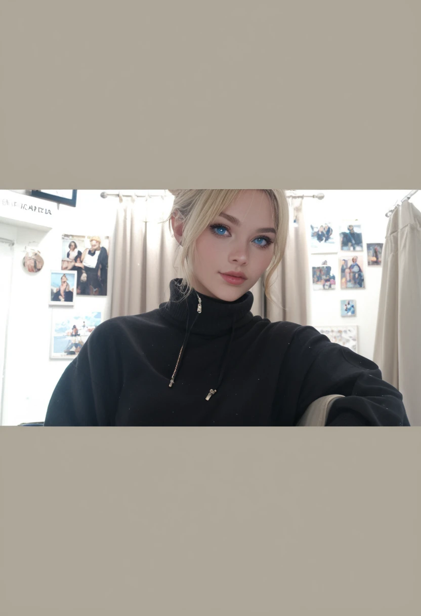 Realistic blue-eyed blonde girl in black sweatshirt posing for a photo inside room beautiful face Italian blonde Galician.