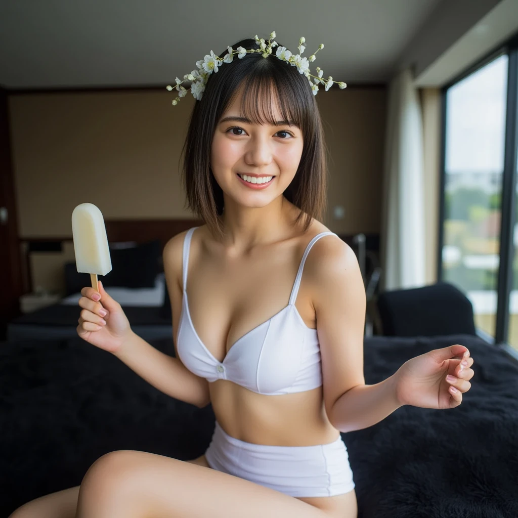 (best quality:1.5), (masterpiece:1.5), very detailed, high resolution, 8k, cute Japanese woman, cute 24 year old beauty, slim body, (slightly saggy busty breasts), thin lips, detailed face, Beautiful and elegant face, cute face, natural bangs, arched eyebrows, well-groomed eyebrows, (big eyes with a good balance between the left and right sides), cute eyes, beautiful eyes, beautiful thin nose, (beautiful skin), medium Hair, Brunette hair, black hair, (natural bangs), (Round and cute face:1.2), slim figure, (looking at the camera with a Gentle smile), beautiful legs, smooth skin skin, slim and beautiful thighs, cute and sexy slim 24 year old woman, fair skin , Beautiful breasts, (Slender and slim body:1.5), (Slim waist:1.8), (slim hips:1.8), ((slim Butt:1.8)), I-type Valley, cleavage, (Natural Light:0.8), (lighting forward:0.8), (lighting front:0.8), (Flat lighting:0.8), Relaxed smile, Detailed fingers, beautiful hands, (Round face:1.4), Girl sitting,