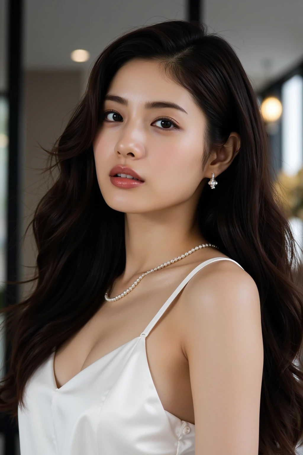 ((Highest quality, 8k, masterpiece: 1.3)), sharp: 1.2, Perfect Body Beauty: 1.6, ((Layered Hairstyles, Super big breasts: 2.0)), (white lace dress: 2.0, Off-the-shoulder dress: 2.0, Dresses with visible breasts: 2.0), (deformed breasts: 2.0), ((long hair: 2.0)), ((necklace)), Earrings, ring, Bracelet, Hair Accessories, ((Beautiful young teenager woman)), ((Straight nose)), (Eyeliner), Armpit Hair, Bristles, ((White and beautiful skin)), Wavy Hair, Beautiful attention to detail, Super detailed, Highly detailed face and skin texture, fine grain, double eyelid, Black Hair, Big Ass, Lower Body, Thighs, (((Skinny))), Wet and shiny lips, smile, Get a grip on your body, ((Anatomically correct human body)), ((Crisp body shape)), Ribs, clavicle, Protruding skeleton, A face without nasolabial folds, Shyness, Thin eyebrows, Big eyes, (shoot from side: 1.0), (Narrow shoulders: 2.0), (Smile: 1.0)