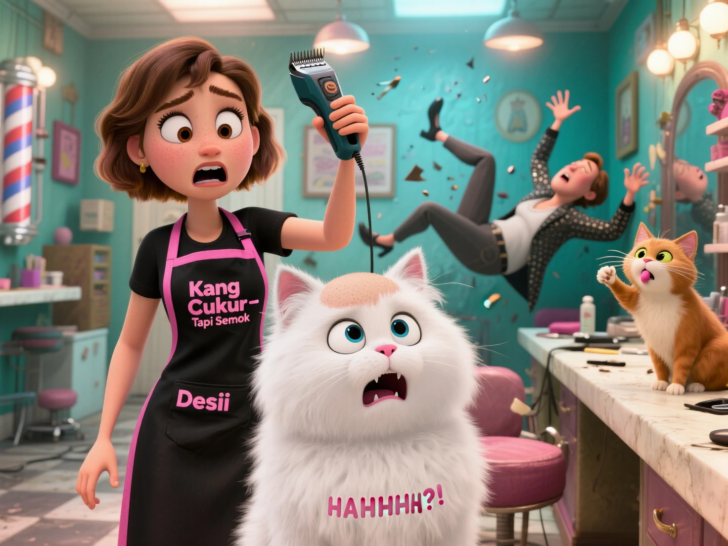 surreal image of a calico cat holding a large pink bra in its mouth, girl chasing after the cat, both looking at the camera, girl running after the cat in panic, background is birthday cake and vodka, funny, super detailed photo, surreal