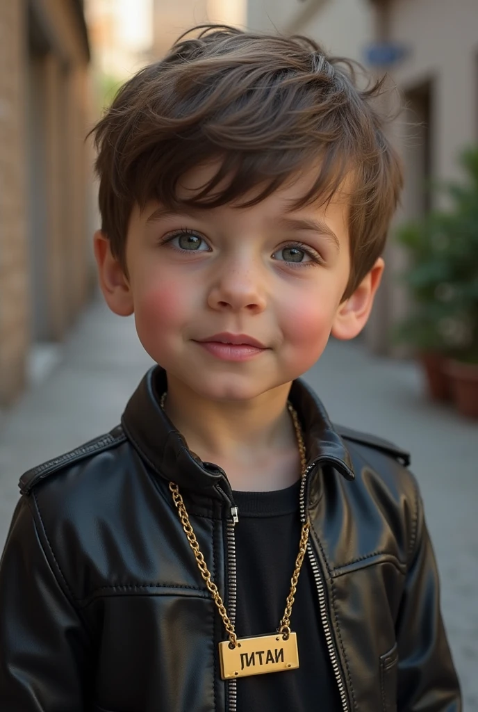 Self-portrait of a 4-year-old male child wearing leather jacket, (cabelo curto raspado:1.4) Foto RAW, 8k UHD, qualidade superior, melhor qualidade, altamente detalhado: 1.2), Photo studio background with white background, foto de corpo inteiro, Low-angle photo.