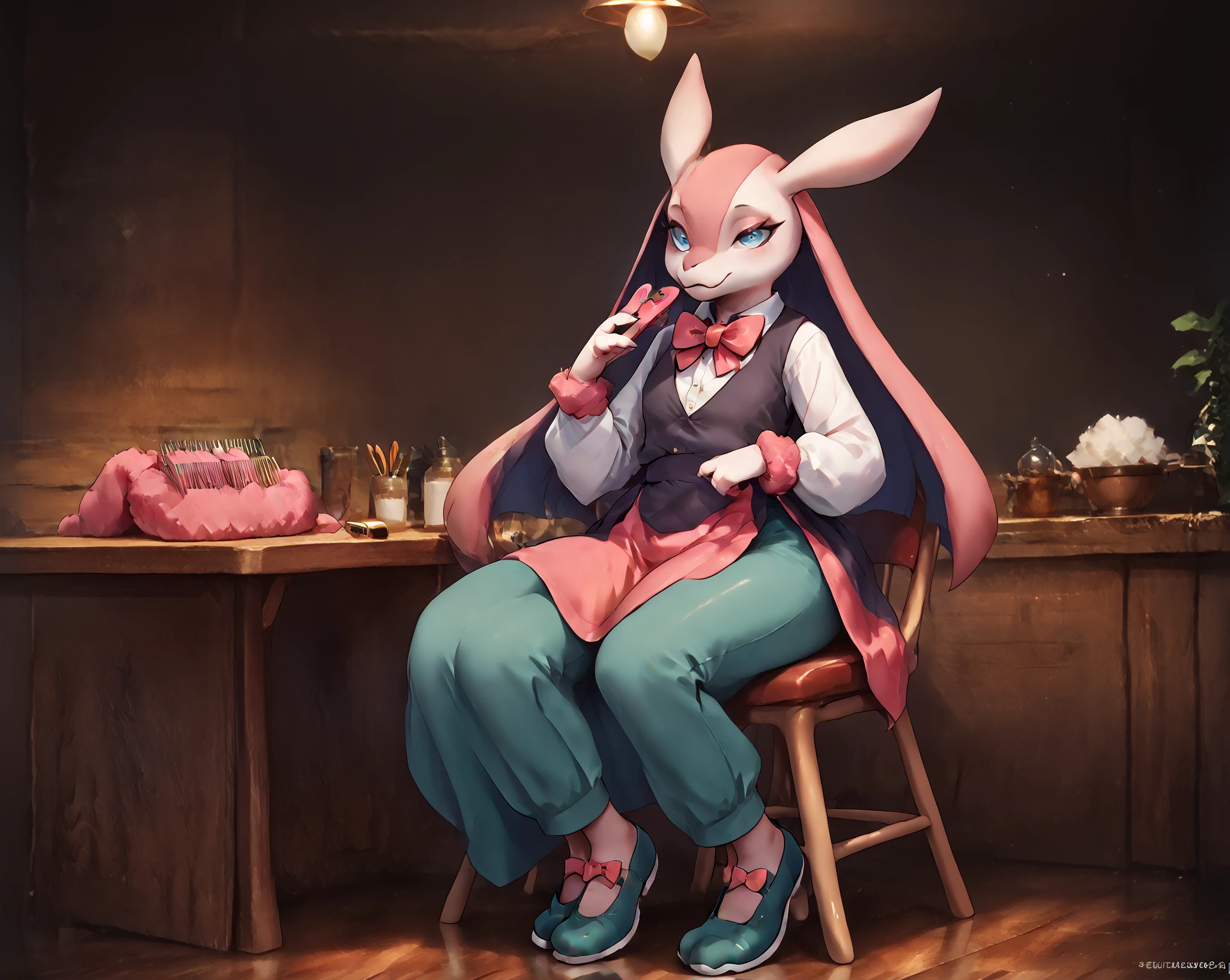 score_9, score_8_up, score_7_up, score_6_up, score_5_up, solo, Sylveon, feral, fluffy fur, one tail, slim body, sitting on chair, eyeglasses, background, chess, table, coffee shop, smile