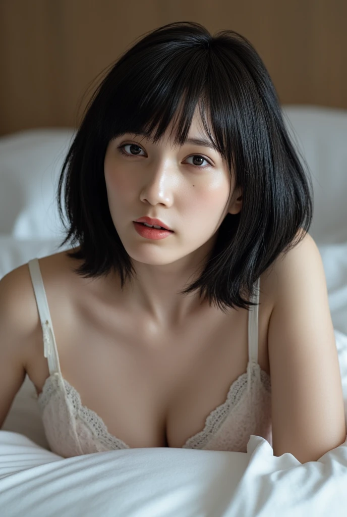 (8k、RAW photo、highest quality、masterpiece:1.2)、(realistic、Photoreal)、1 girl、((white lace bra、underwear、sleep in bed、short cut hair、crying face、Bedroom))、lots of eyelashes、Glitter on your eyelids、skeletally correct、sweaty body、Beautifully aligned fingertips、above the sky