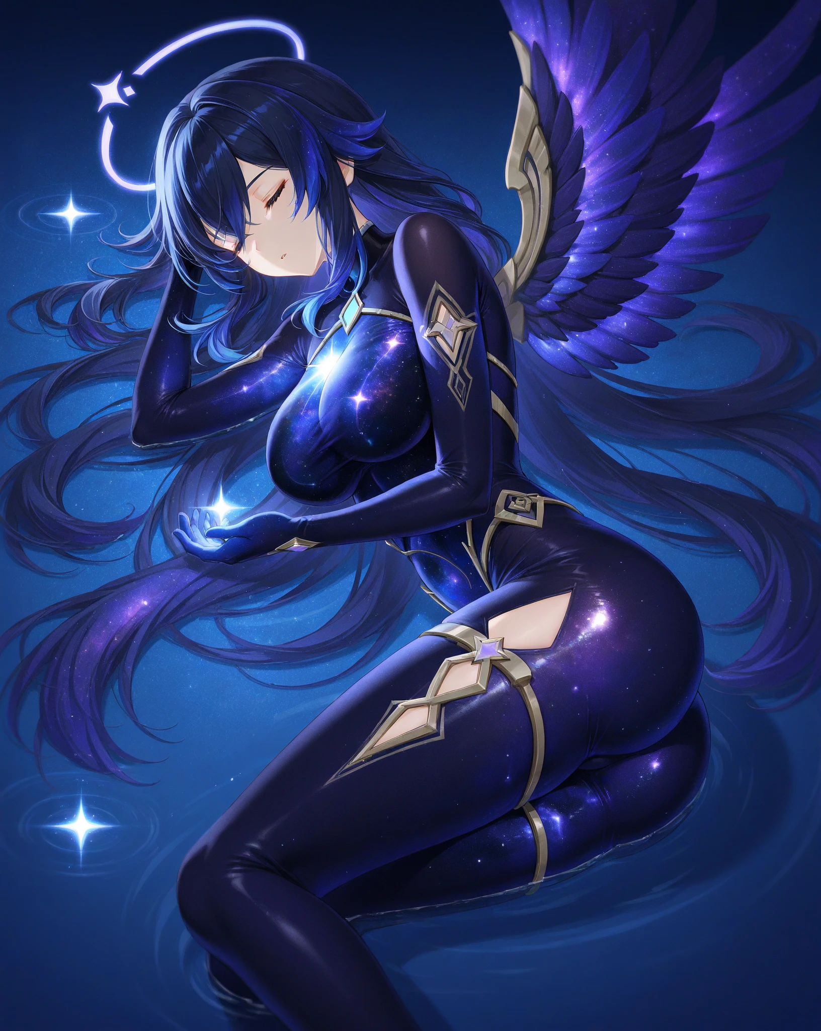 Twilight Sparkle, Twilight Sparkle from My Little Pony, Twilight Sparkle in the form of a girl, long hair, lush hair, not human, purple boots, full-length, purple wings, big angel wings purple, purple magic, a lot of magic, star nets, best quality, very detailed, ultra 8k resolution, moonlight, stars, purple dress