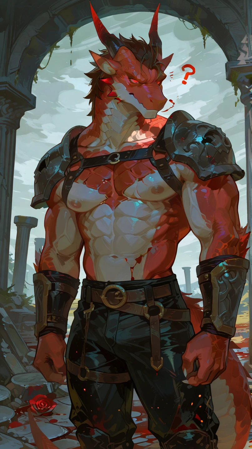 Fresh Dead body of Solo young anthro scalie dragon male mercenary medieval solider, slim endomorph muscular, anthro handsome gay shorter muzzle, handsome gay model male apperance, sword scars, worn out leather skimpy armament, low on hips heavy leather belt, old very worn out skimpy dirty linen material jockstrap, old yellow dirty worn out stains on white sawn jockstrap, very visible "x" brown seam pattern on the jockstrap, studded skimpy armlets breastplate armor, skimpy breastplate, leather bondages, fingerless leather gloves, smelly unwashed husk, dirty body look, desert bloody battlefield, birds eye view, he lies wounded on his back, his side is sword cut, there is a large sword wound in his side, he lies in his blood pond, he is dead, view of full character