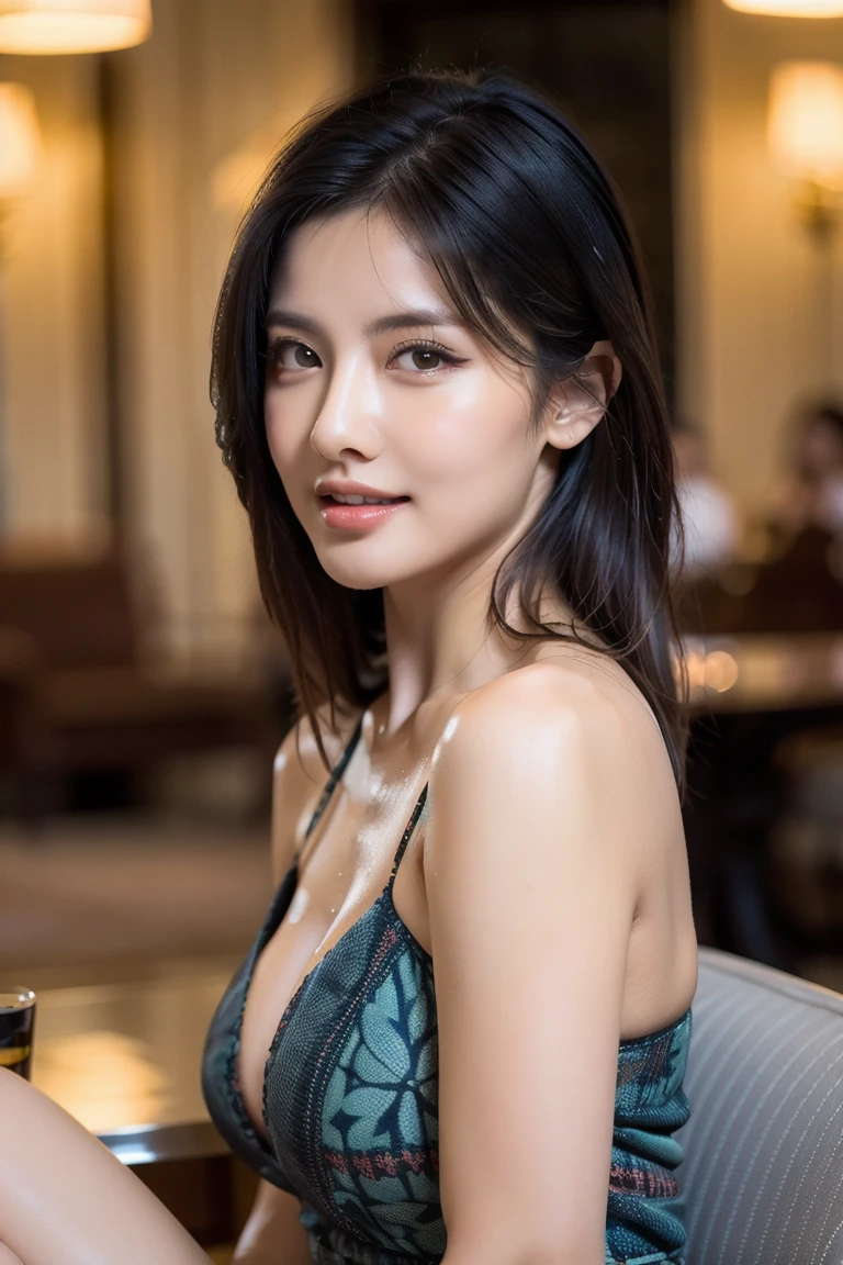 (best quality,realistic),Joven Linda, sensual glance, brown eyes, medium-sized breasts, pleasant smile, large buttocks, long loose black hair. Hotel atmosphere at night.