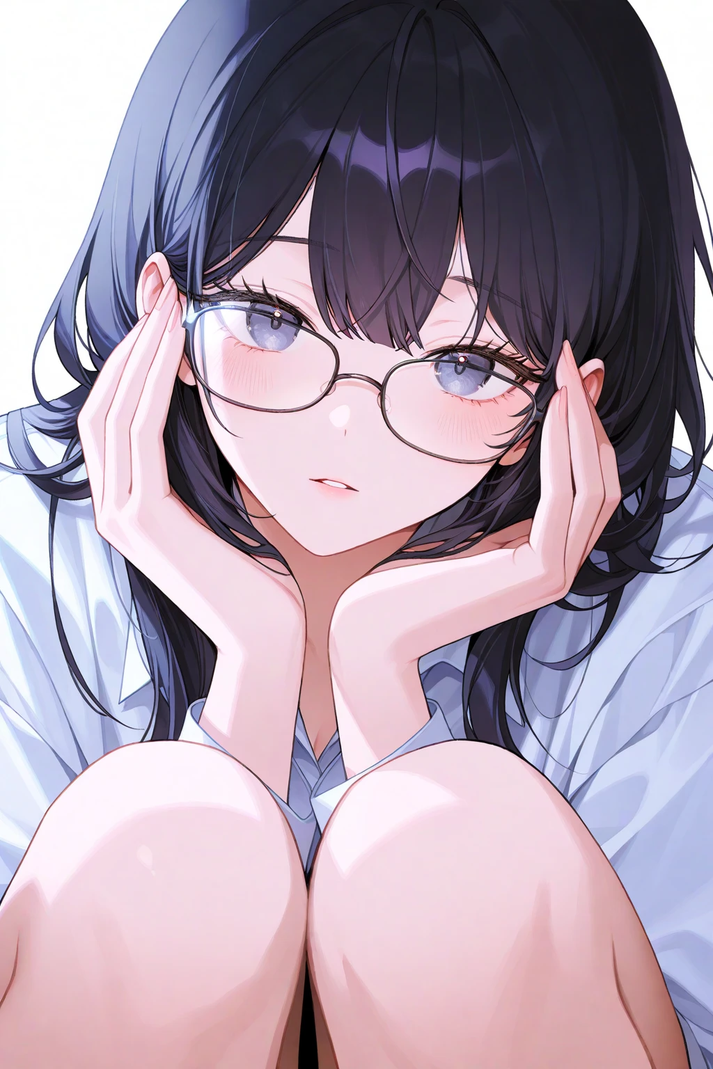 on back, plastic frame eyewear、Upper Body, Realistic, real person, (pale skin: 1.2), RAW photo, photorealistic, shiny skin, shiny hair、(25 year old woman with bangs) and (medium hair) and (black hair) and (closed eyes:1.5) , BREAK (pajamas) and (pink:1.2) BREAK 、sleepy, (blush:1.3), bed, Alone、