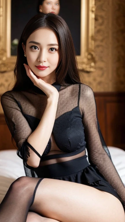 (masterpiece, top quality, best quality, official art, beautiful and aesthetic:1.2), 1 girl,very detailed CG Unity 8K 배경화면, top quality, very detailed, masterpiece, realistic, photorealistic, very detailed 귀여운 소녀, 25 years old, (secretary), blush, chapped lips, round eyes, medium chest, viewer, half body shot, (showing panties), panties under pantyhose, office, seat, black fishnet pantyhose,