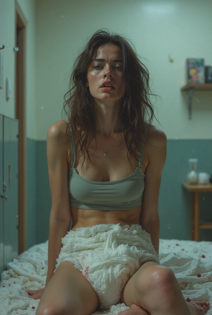 Create a photo of a 30 year old woman, with a slender and beautiful body, wearing an open white shirt without a bra with bare breasts and black sweatpants, with white and clear skin, with long light brown hair, scared as she lies on the floor being brutally beaten and dragged by four angry black teenagers, ugly, small, thin people who wear glasses and a white shirt and jeans