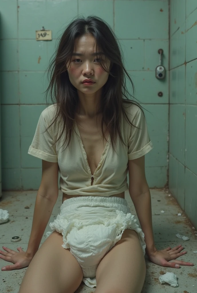 Abandoned men's toilet scene, masterpiece, best quality, an Asian beauty, white transparent bikini, oil stain (7:1), kneeling on the ground, washing urinals, garbage on the floor (10:1), devastated (3:1), dilapidated (4:1), torn doors and windows, piled up with debris (4:1), dilapidated floor, extreme picture quality, dirty (10:1)