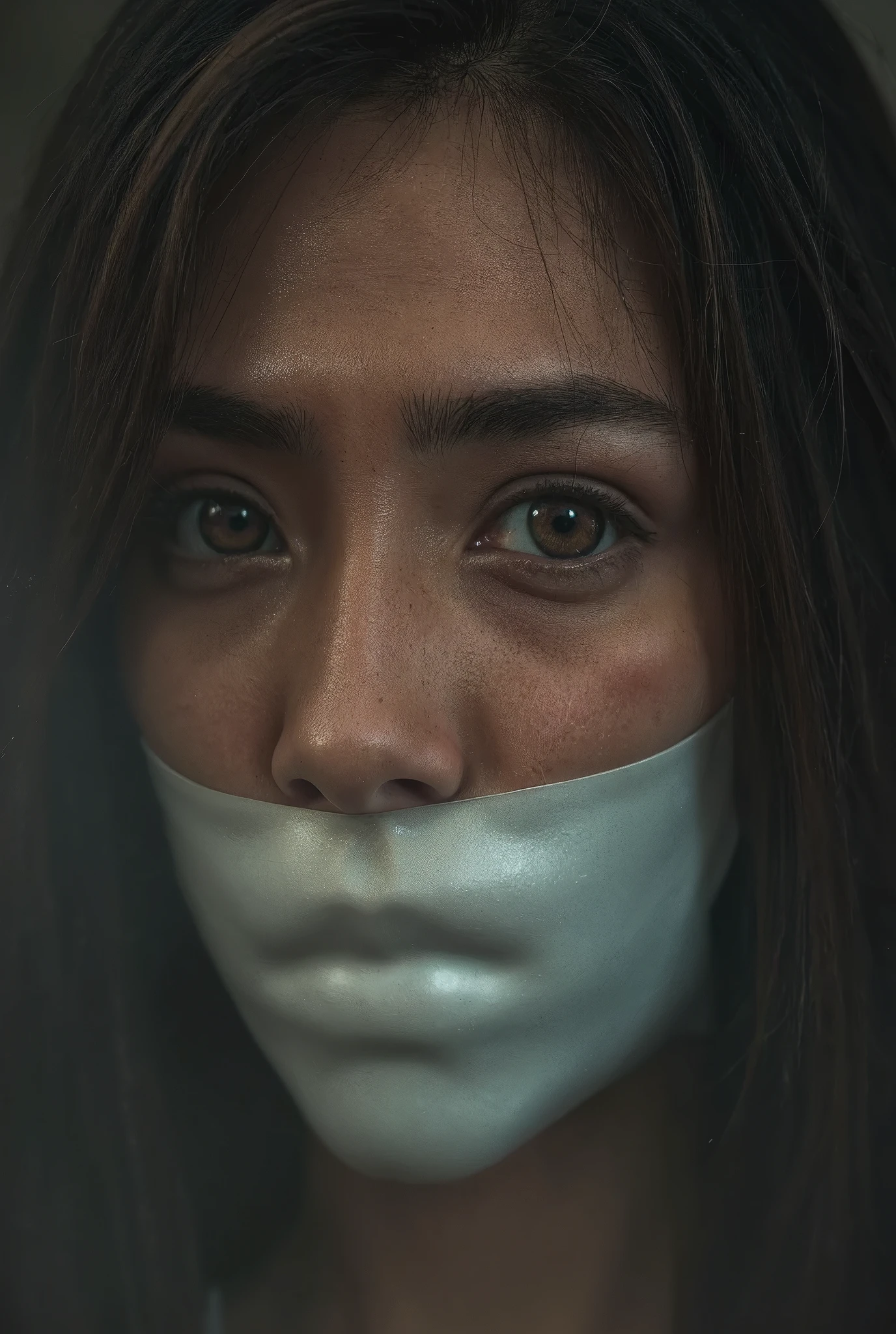 Close-up portrait of a girl wearing a microfoam_gag, tape gag, intense gaze with expressive eyes, soft lighting highlighting her facial features, cinematic shallow depth of field