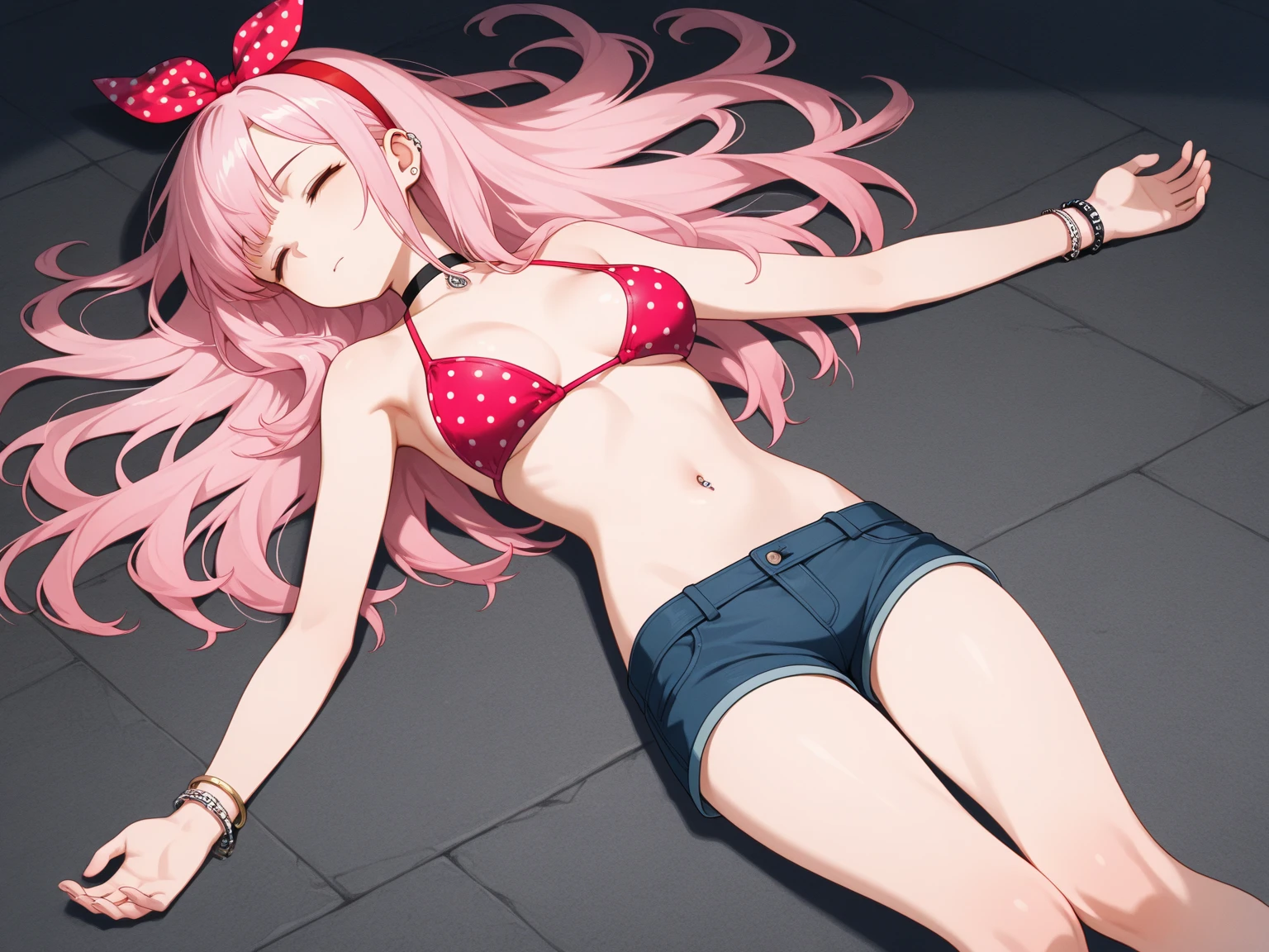 Masterpiece , best quality , Masterpiece , best quality , 1 woman , Close your eyes. , Long pink hair, unconscious , black bikini , abdomen , big breasts , Long legs , Barefoot , Lie down on the floor. , Spread your legs , alley