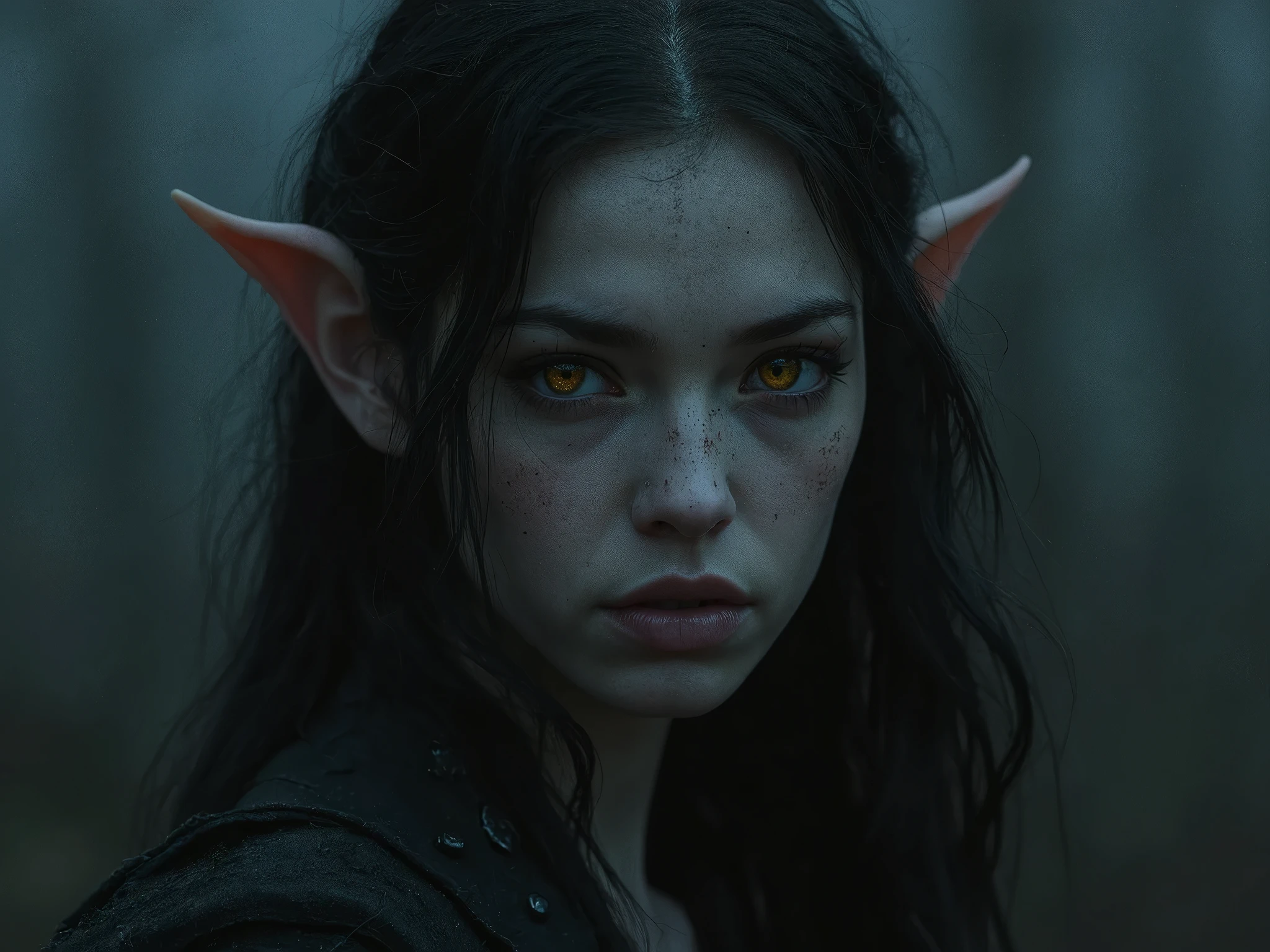 Portrait of a dark elf, a creature of the night with eyes that shone like emeralds in the dark. Her skin was pale like the moon, and her hair, charcoal black , cascading down to her waist. His pointed ears, realistic style.