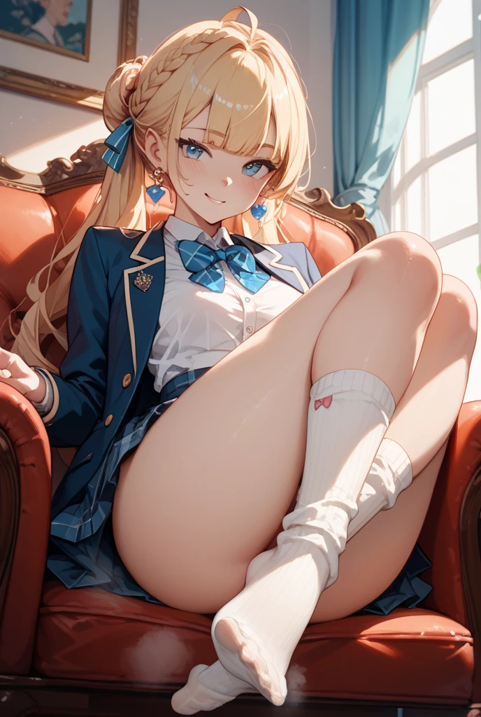 an anime girl wearing a short skirt and sitting on a floor all dressed up,1girl,pantyhose,solo,panties under pantyhose,underwear,panties,long hair,blonde hair,red eyes,,skirt,_breasts,shoes,Ichigo Hoshimiya (Aikatsu!)