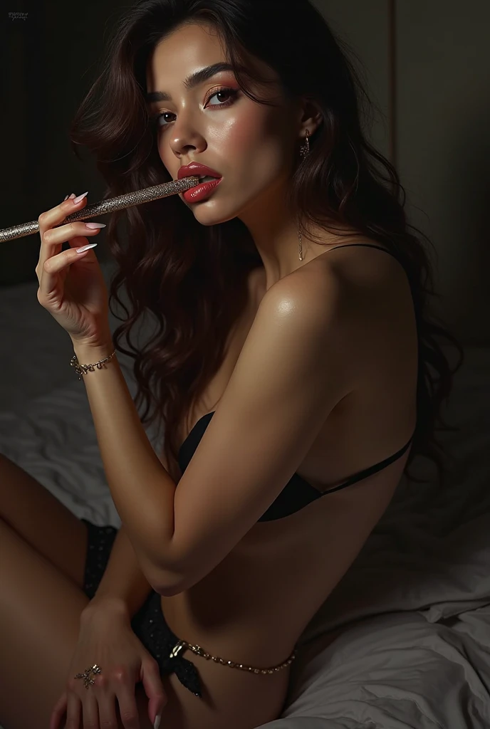 Naked woman playing with a very realistic dildo
