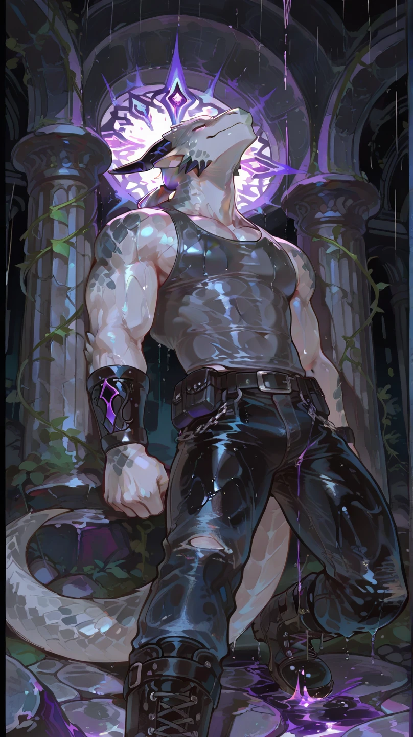 A young man with short gray hair, completely white skin, pale skin, resolute eyes, handsome face, serious expression, a metal collar around his neck, his upper body is bare, a slender yet muscular build, a purple demon tattoo is on his left shoulder, a black and white belt, cloth trousers, emitting a purple aura, he stands in a mining valley, the ground around him glowing red and cracking open, this character embodies a finely crafted fantasy-style slave warrior in anime style, exquisite and mature manga art style, dramatic, high definition, best quality, highres, ultra-detailed, ultra-fine painting, extremely delicate, professional, perfect body proportions, golden ratio, anatomically correct, symmetrical face, extremely detailed eyes and face, high quality eyes, creativity, RAW photo, UHD, 32k, Natural light, cinematic lighting, masterpiece-anatomy-perfect, masterpiece:1.5