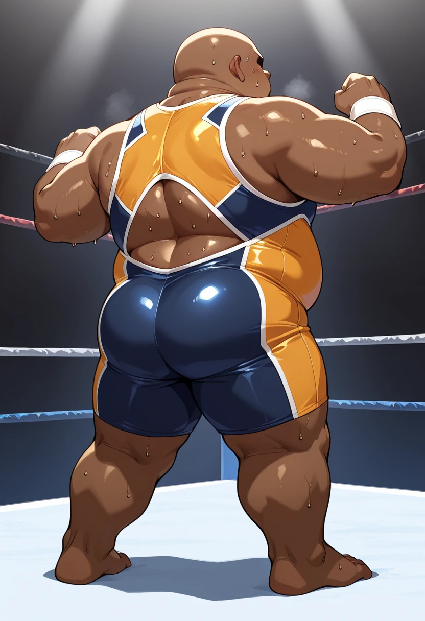 Fat black skinned man, daddy, shirtless, rubbing his big belly, handsome pose,wearing only underwear and boxing gloves.full body, realistic, intricate, sharp focus, best quality