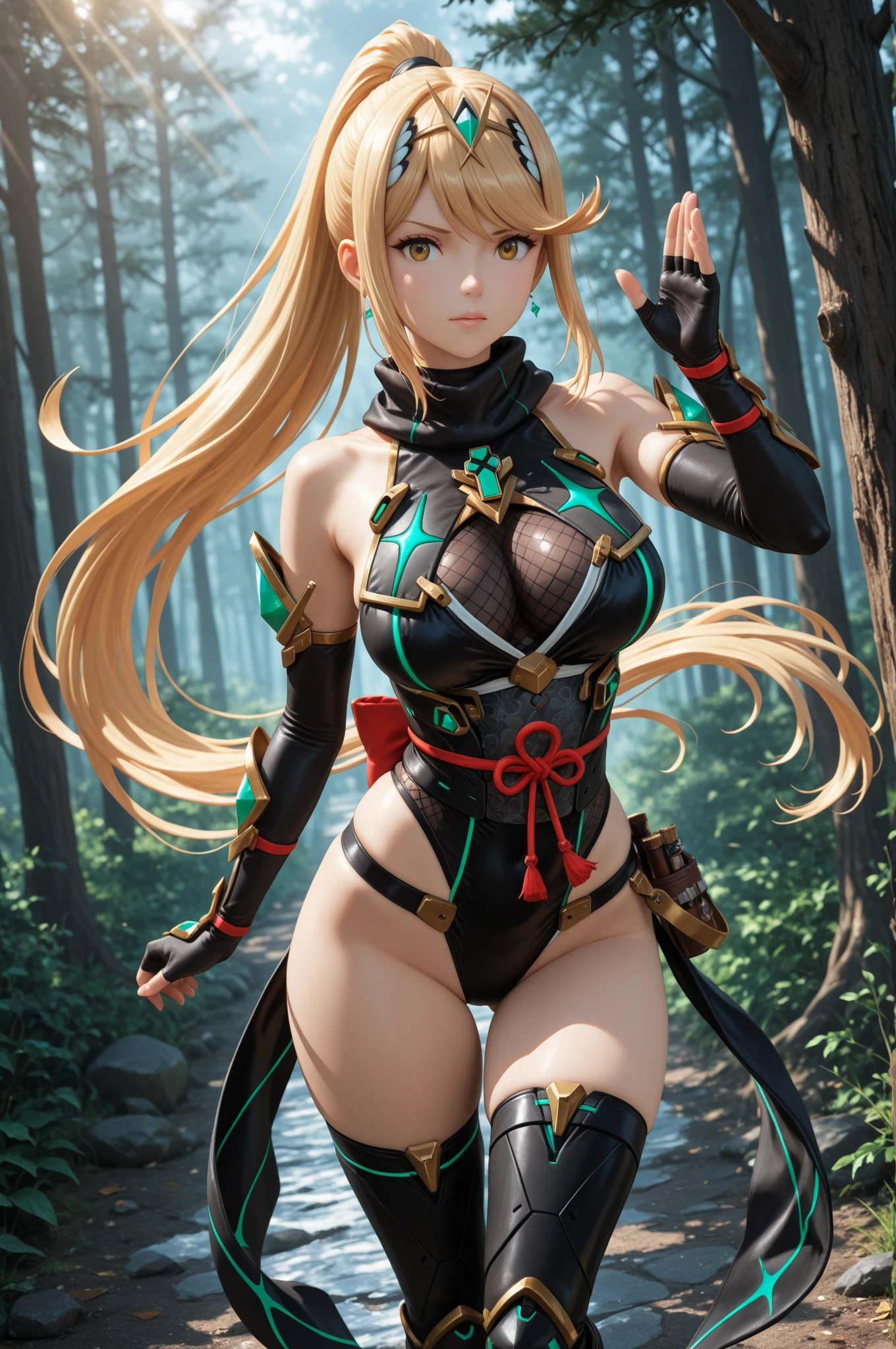 top-quality、ultra-detailliert1 female、(((High-leg armor)))、micro ?????? arm with Cleavage View、pony tail hairstyle、Has a huge sword、The background is the forest、Shynes.