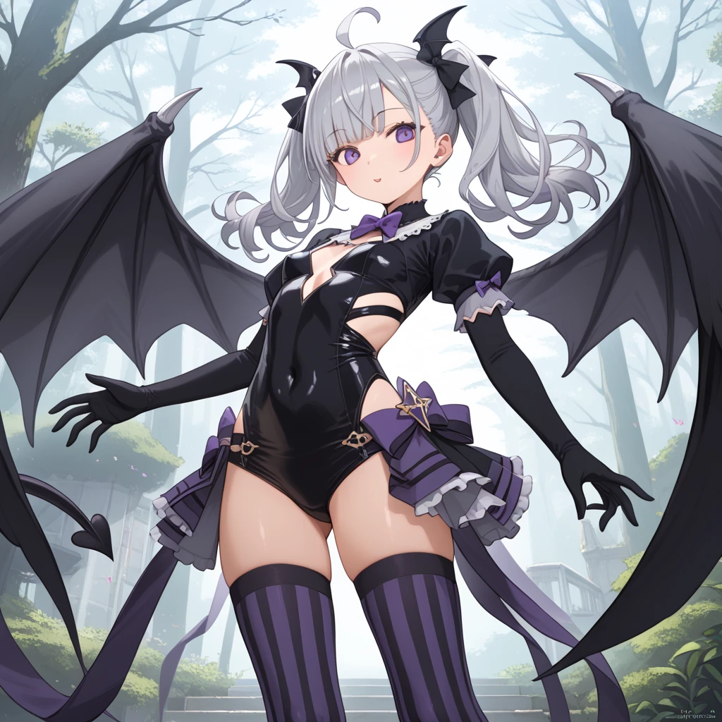 (1girl in:1.2), (Solo:1.2), masutepiece, nffsw、Shaders、Brilliant Textured Work、Ultra-detailed eyes、ultra-intricate pupil in eyes、top-quality、White hair、Evil Fall、Adults、Mature、Slender body、Standing picture、magical little girl、long hair that grows to the shoulders、voluminous hair、Clothes only in black and white、Large ribbon、very large breast、Wide sleeves、starrysky、Wicked grin、white glove、Tiered mini skirt、Absolute area、white stockings、Magical Girl Boots、Cross pattern、Large cross pattern、Dynamic Poses、Bat Wings、mesugaki、Succubus Accessories、Succubus body、Cheeky face、Tall、Succubus tail、underboob、from below、pantie shot、skinny legs、