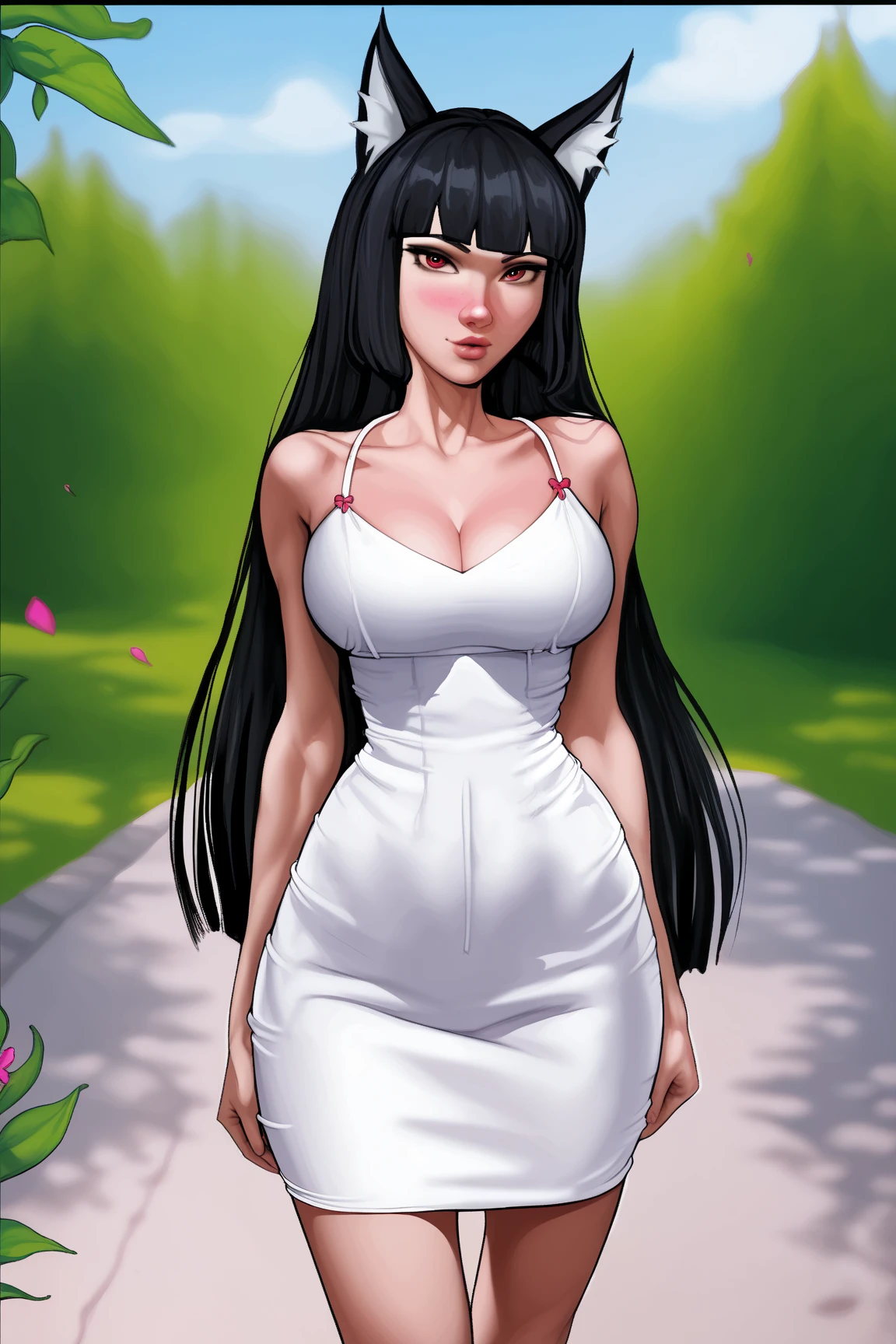 Anime style, 1girl, young busty female, ((black color hair, long straight hair)), blue eyes, double eyelids, light effect on the eyes, wide hips, black off-the-shoulder skirt dress , stylish, beautiful smile, shy, blush on cheeks, ((sexy body)), solo, best quality, masterpiece, portrait, flirting with viewer, sensual pose, detailed, perfect anatomy, detailed art, high definition, 4k , high resolution, garden, grass,