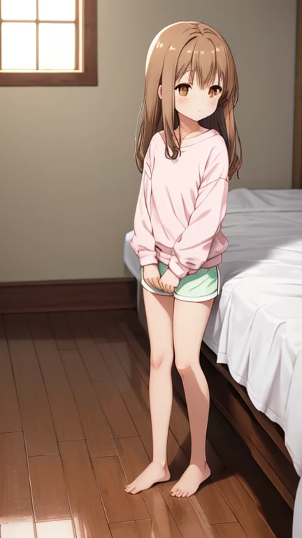 masterpiece, perfect lighting, (beautiful, best quality: 1.3), perfect eyes, perfect ???????, absurd, 8k, 1 girl, ???? legs, black stockings, blue shorts, in love, red eyes, feet, red glasses, medium hair , long hair, red hair, eyes wide open, smiling in front, small ???????, sitting, yellow turtleneck sweater, room with bed and stuffed animals