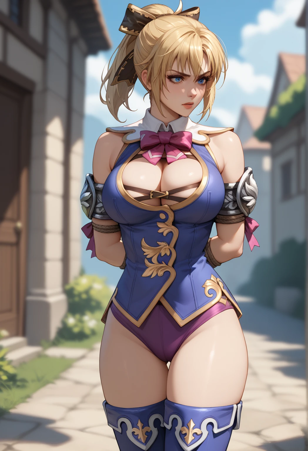 (trampling:1.4), looking at viewer, (half body:1.2), sccass, cowboy shot, outdoors, (tree:1.3), beautiful background, soft light,
1girl, blonde_hair, bangs, short Ponytail, green_eyes, boots, breasts, cleavage, (white elbow gloves:1.2), hair_ribbon, lips, medium_breasts, Collar, hair ribbon, white thigh boots, pink Tie, <lora:cass_6-000005:0.8>
