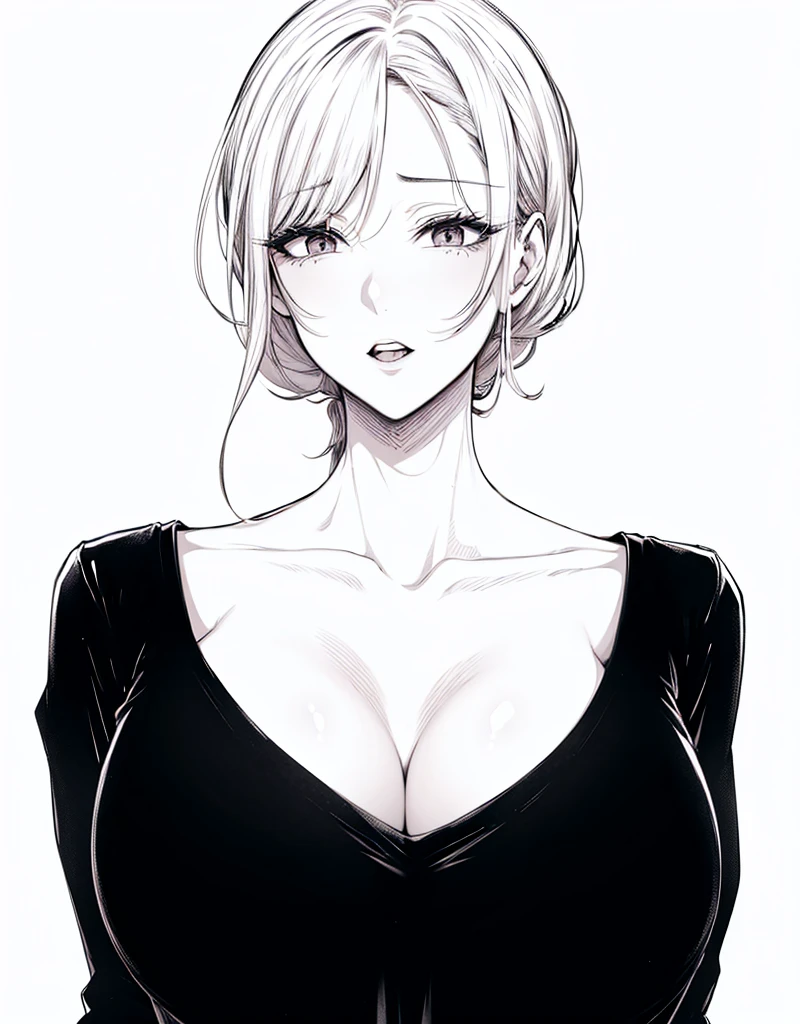 1 milf, ponytail black hair, very big breasts, sexy body, smiling, blushing 