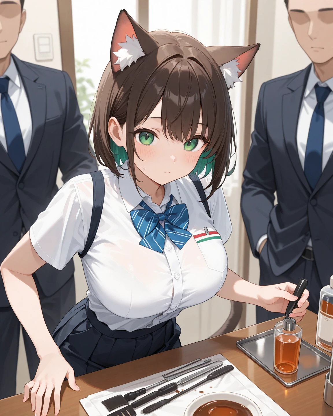 ....... 16 years old, smile Cat girl ( cat ears, shaggy medium length brown hair with one 1 short braid, brown cat tail, yellow eyes, , big tits big hips big lips )))................. scientist uniform........ in a modern laboratory for creating clones (transparent big capsules with 4 four 4 clones of catgirl line the walls)..... 4 four 4 girls